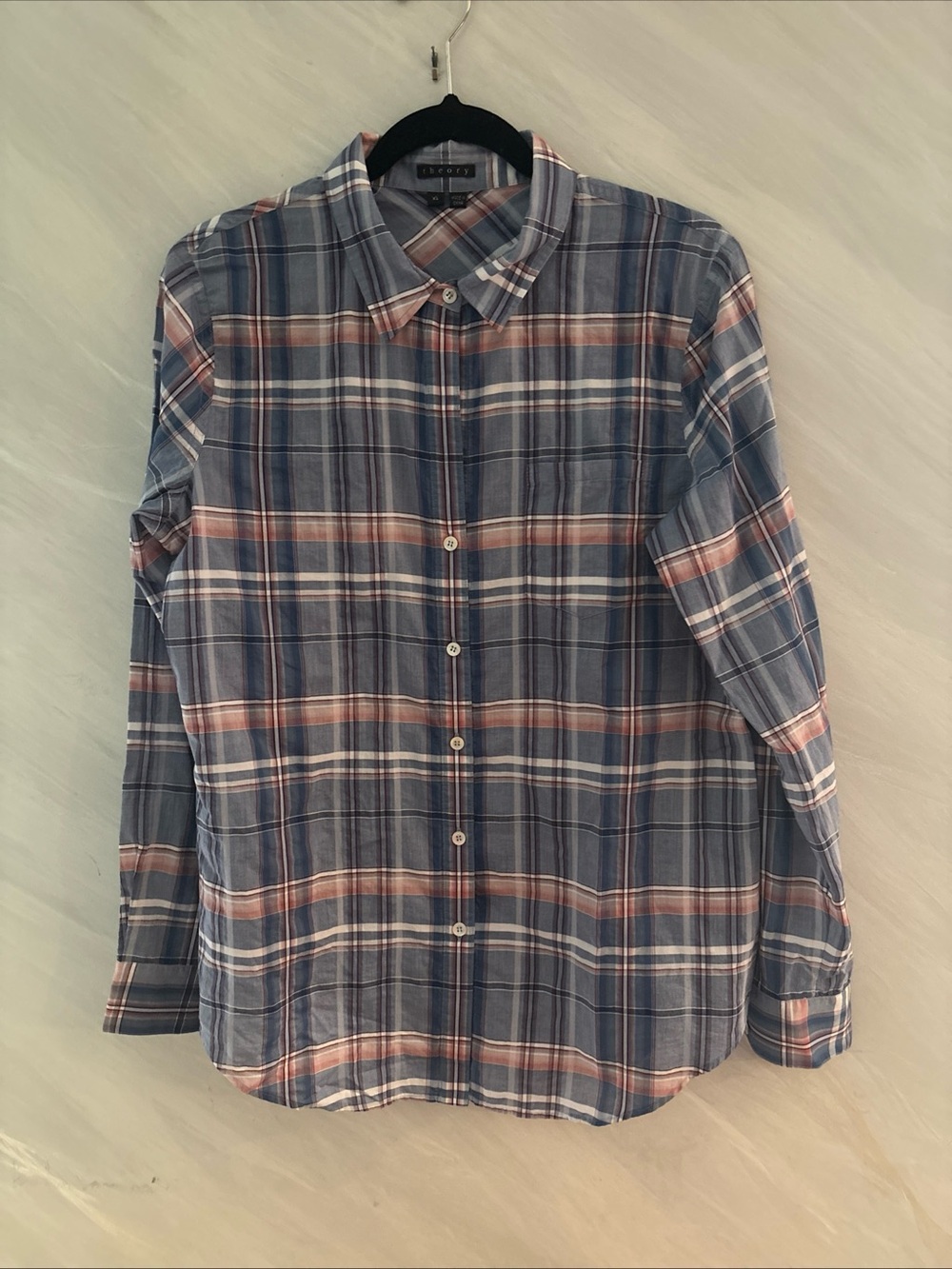 Theory L Blue Nikala Audrey's Plaid Long Sleeve Cotton Button-Up Blouse Preppy